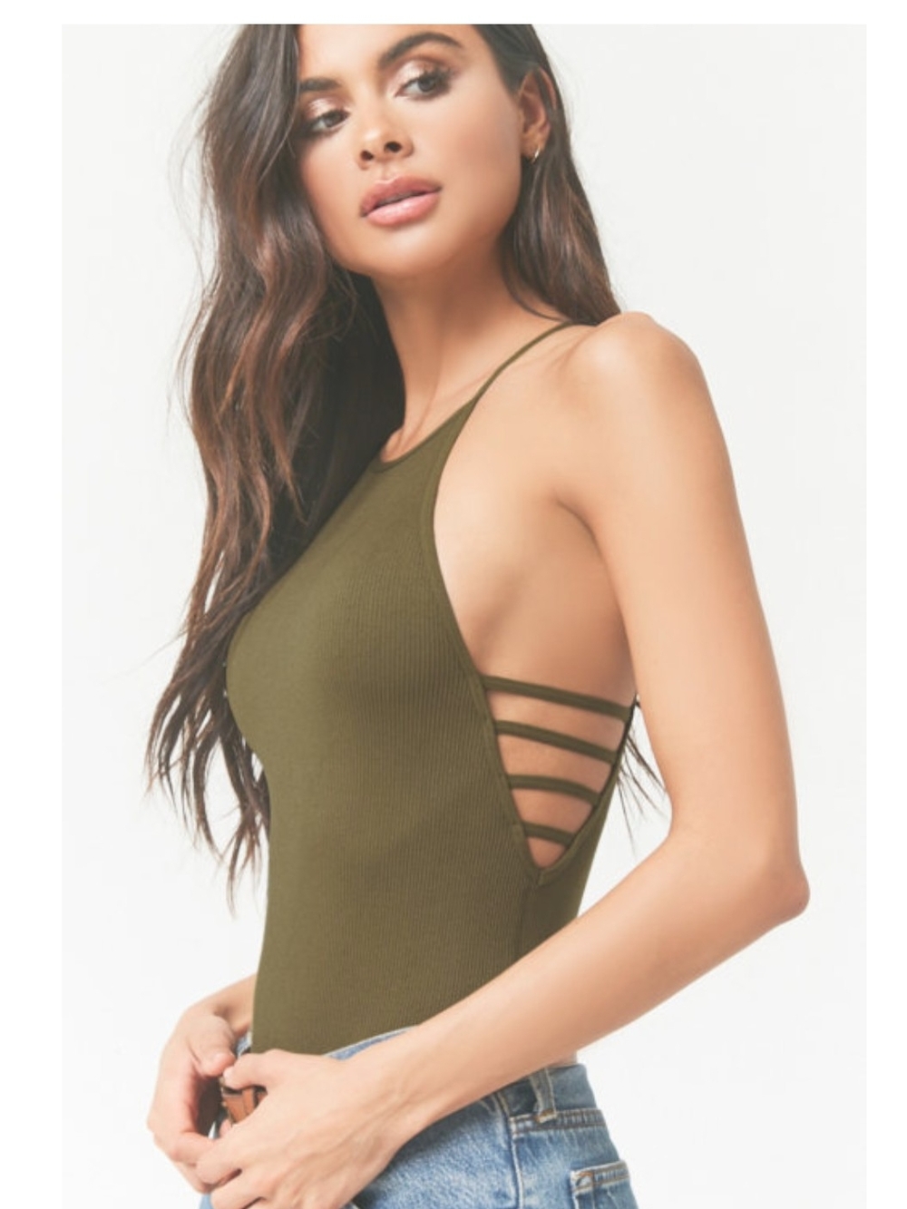 Olive Green Strappy Side Ribbed Tank Top - Women